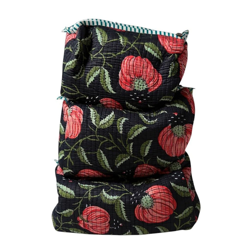 Cotton Hand Block Floral Print Toiletry Bag For Women Make Up Cosmetic Bag Jewelry Organizer Kit Storage Bag Case Travel Accessories Essentials Toiletries Purse Open Pouch set of 3 gift of her