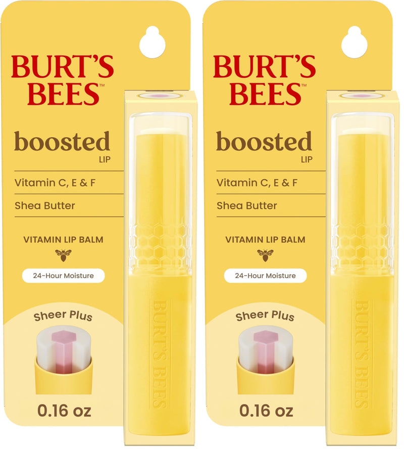 Burt's Bees Boosted Lip Balm Sheer Plus; Vitamin Lip Balm, Nourishing Vitamin C, E, and F Core; 24 Hour Moisture; Tint Free, Semi Glossy Finish; 100% Natural Origin; 1 Tube; 0.16 Oz. (Pack of 2) 1 Count (Pack of 2)