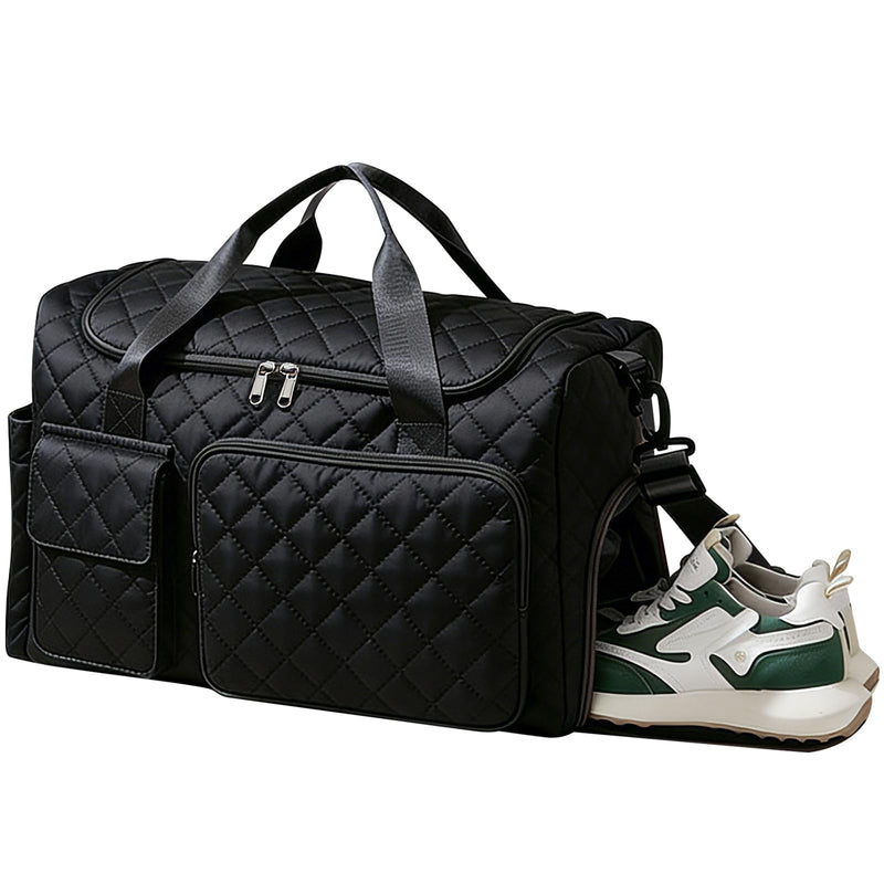27L Travel Duffle Bag Large Weekender Carry On Tote Bags for Women Men, Sport Gym Bag Overnight Luggage Bags with Wet & Shoe Pocket & Trolley Sleeve for Weekend Business Trips Hospital, Black