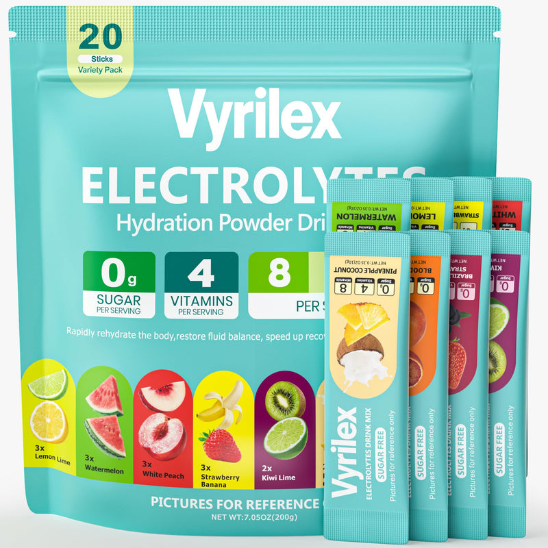 20Sticks High Sodium Electrolyte Powder Packets Sugar Free 8 Flavors Liquid Daily IV Hydration Drink Mix with Minerals & Vitamins, Zero Sugar Electrolytes Formula for Fast Rehydration 7 Ounce (Pack of 1)