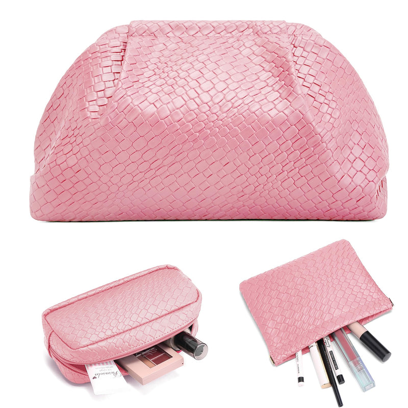 BOYATU Travel Makeup Bags for Women: Woven Large Capacity Make up Bag | 3 Pcs Compact Cosmetic Set Organizer for Purse - Elegant Evening Waterproof Leather Toiletry Clutch Gift Women(Pink) 04-Light Watery Pink