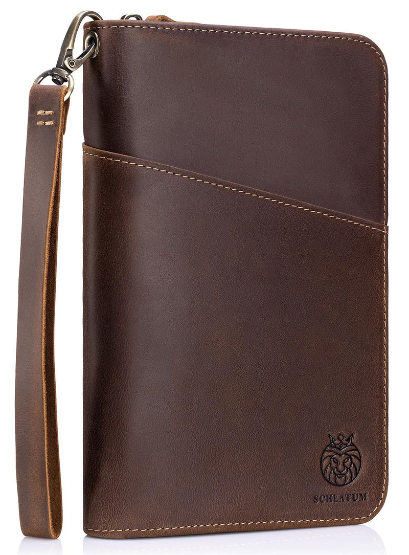 Passport Holder for Travel Family with Strap Genuine Leather RFID Blocking Travel Document Organizer Wallet with Pen Holder, Brown Large