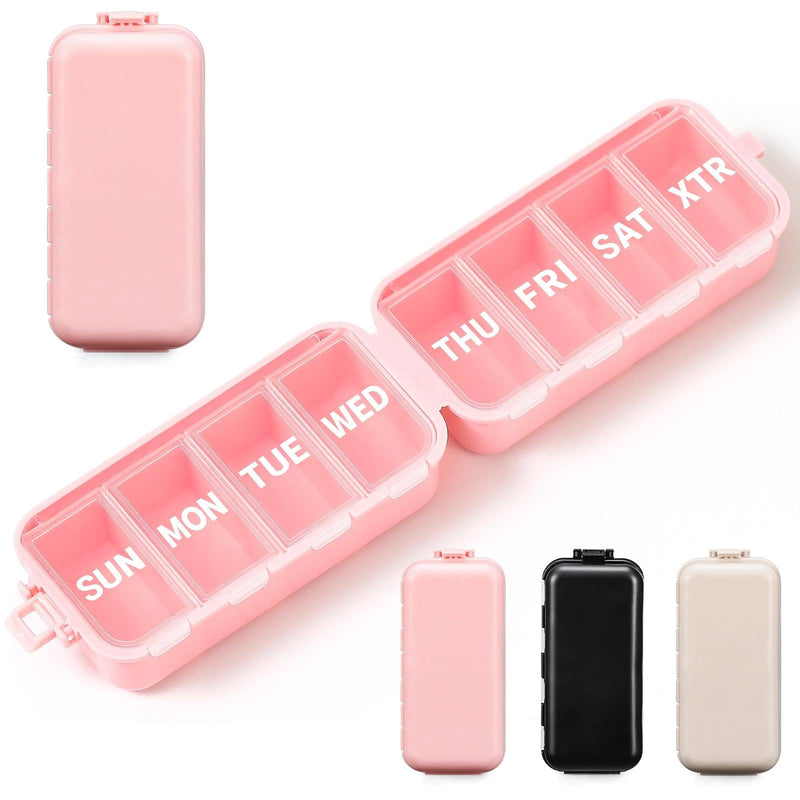 Foldable & Portable Weekly Pill Organizer, Week Daily 7 Day Travel Pill Box | 1 Time A Day, with 1 Extra Compartment, Double Lock, Large Medicines Case Holder Dispenser for Med, Vitamin, Supplement, Pink