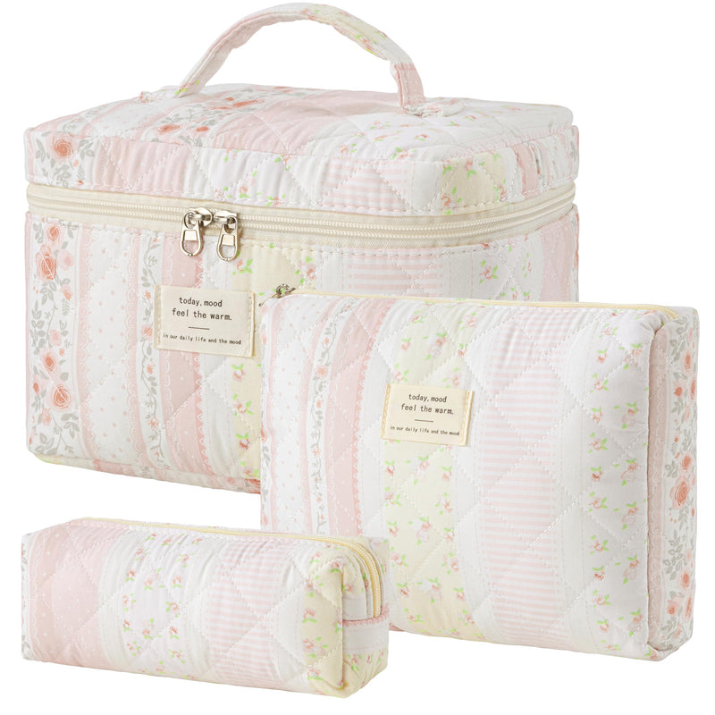 HBselect Quilted Makeup Bag, 3Pcs Cotton Large Travel Makeup Bags Organizer | Cute Floral Make up Bag Cosmetic Bag Toiletry Bag for Women Girls, Makeup Pouch for Skincare, Brushes & Travel Essentials A-3PCS-Floral 46