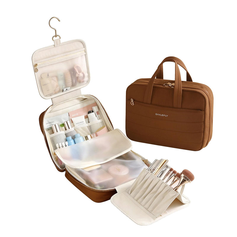 GIVLEFLY Luxury Hanging Makeup Bag for Women, Large 4-Layer Foldable Waterproof Cosmetic & Skincare Organizer with Handle, Fits Suitcase & Train Seat for Travel（brown） Brown