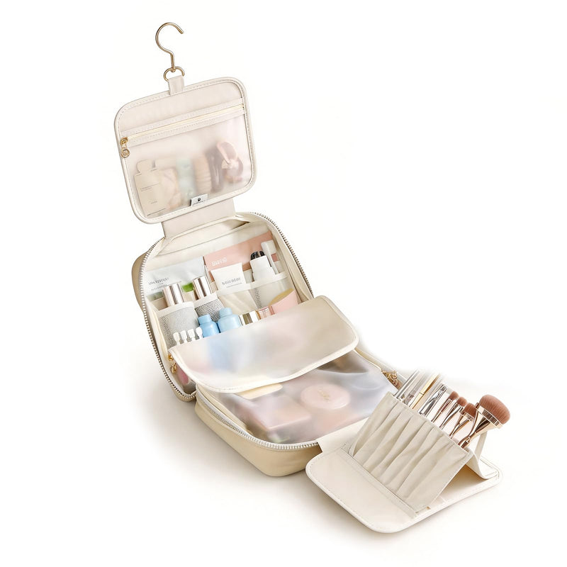 GIVLEFLY Luxury Hanging Makeup Bag for Women, Large 4-Layer Foldable Waterproof Cosmetic & Skincare Organizer with Handle, Fits Suitcase & Train Seat for Travel（beige） Beige