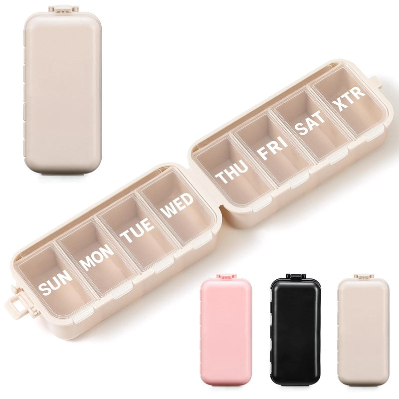 Foldable & Portable Weekly Pill Organizer, Week Daily 7 Day Travel Pill Box | 1 Time A Day, with 1 Extra Compartment, Double Lock, Large Medicines Case Holder Dispenser for Med, Vitamin, Supplement,Khaki Khaki