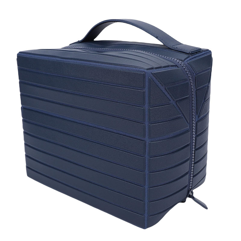 Vikye Foldable Makeup Bag, Large Capacity Flat Open Travel Cosmetic Case Zippered Toiletry Organizer with PU Leather and Canvas, for Skincare Navy Blue