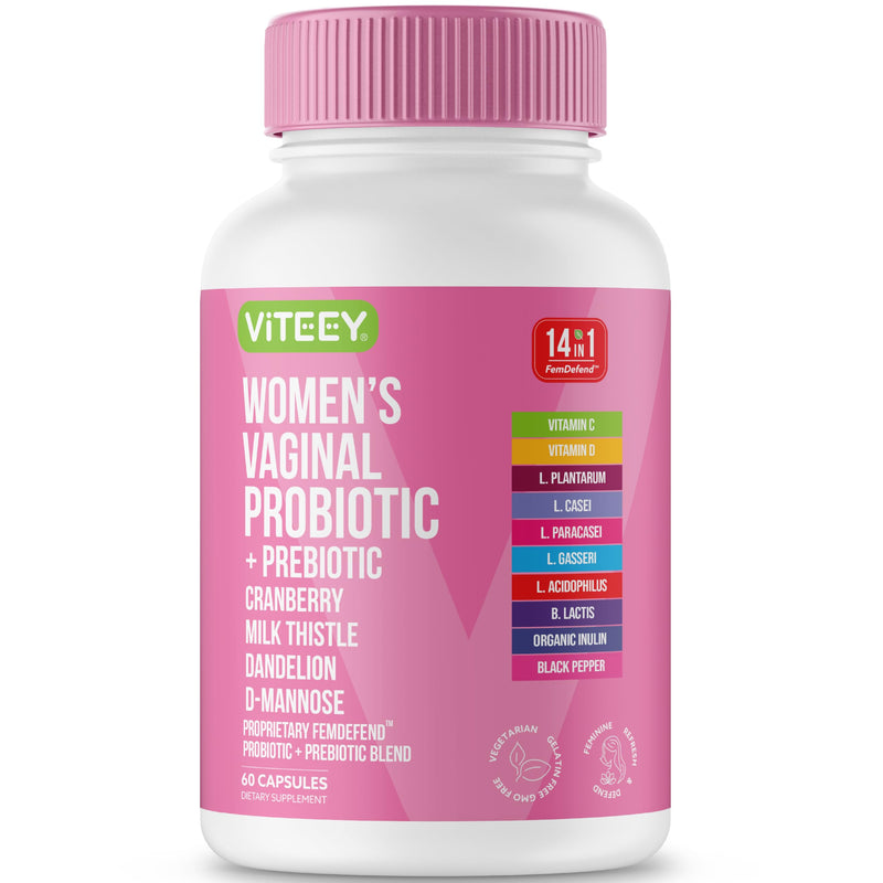 Viteey Vaginal Probiotic for Women - 14in1 FemDefend | Women’s Probiotic + Prebiotic with Cranberry & D Mannose – Vaginal Health & Urinary Tract Support Supplement – 60 Capsules