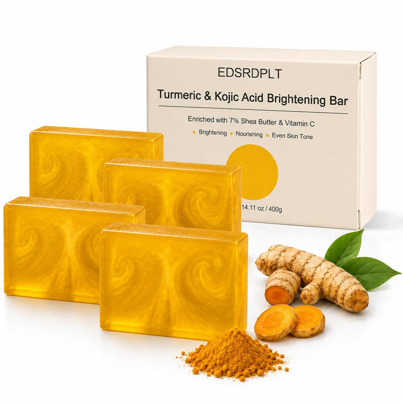 Kojic Acid & Turmeric Soap Bar - Hand-Swirled Aesthetic with Visible Turmeric & Vitamin C, Brightening Cleanser for Uneven Skin Tone, Face & Body Wash with Shea Butter & Glycerin, 4Bars/3.53 oz 4