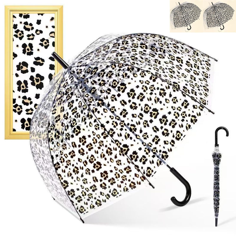 2Pack Clear Windproof Bubble Stick Umbrella, Auto Open Rainproof Transparent Umbrella for Adult Boys and Girls, Lightweight Wind and Rain Protection, Dome Canopy leopard-print 2pcs