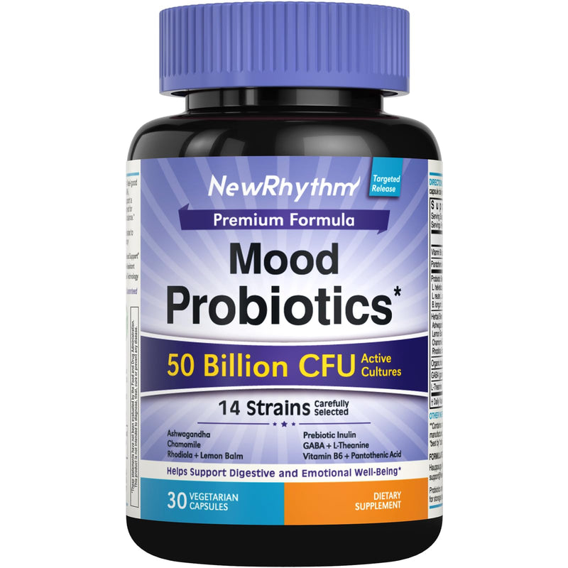 NewRhythm Mood Probiotics 50 Billion CFU, 14 Strains | Lactobacillus Helveticus, Prebiotic, Ashwagandha, GABA, L-Theanine, Vitamin B6 B5, Digestive & Mood Support, 30 Capsules