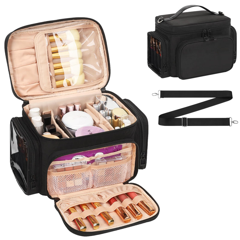 Bagmoly Makeup Bag, Portable Large Travel Makeup Bag Organizer for Women Girls with Makeup Brush Compartment, Cosmetic Travel Bag Vertical Storage Toiletry Bag - Black with Shoulder Strap 03-Black with Shoulder Strap