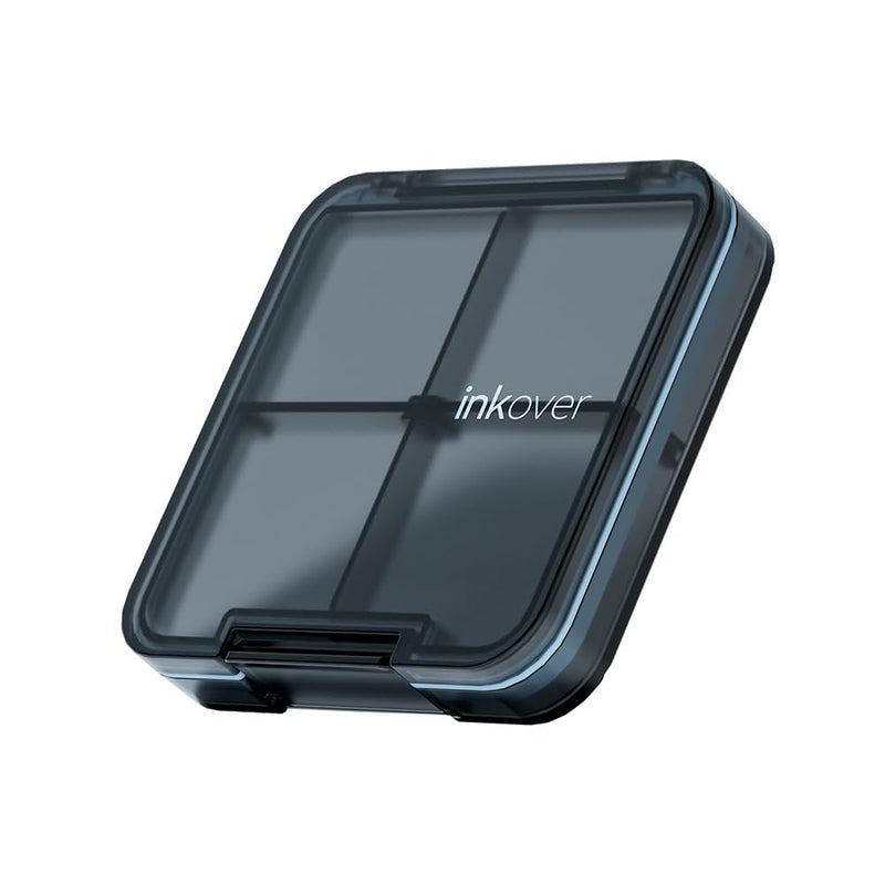 Small Pill Organizer, Travel Pill Case, 4 Compartments Black | Slim 0.65 in case for purse or pocket, with removable dividers, silicone seal and snap lock for daily tablets or capsules.