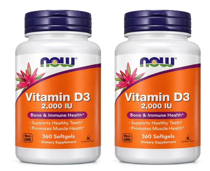 NOW Foods Vitamin D-3 2000 IU High Potency Structural Support 360 Softgels (Pack of 2) 360 Count (Pack of 2)