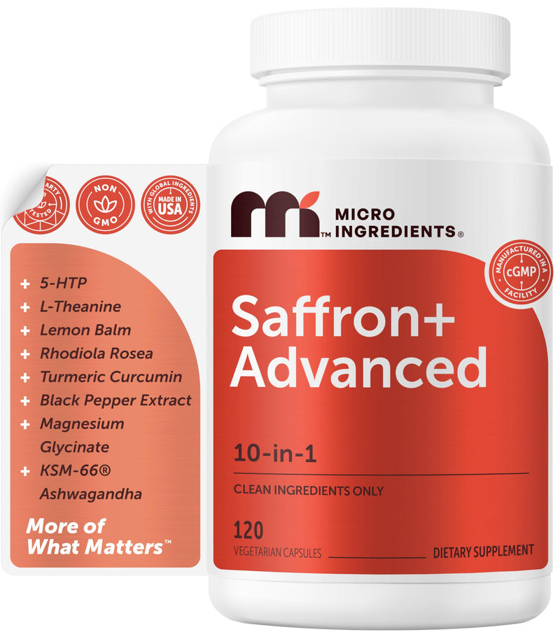 Micro Ingredients Saffron+ Advanced Supplements, 120 Veggie Capsules – 10-in-1 with Saffron Extract, High Absorption* Fat-Soluble Vitamin C, Magnesium, Turmeric & KSM-66 Ashwagandha – Filler Free