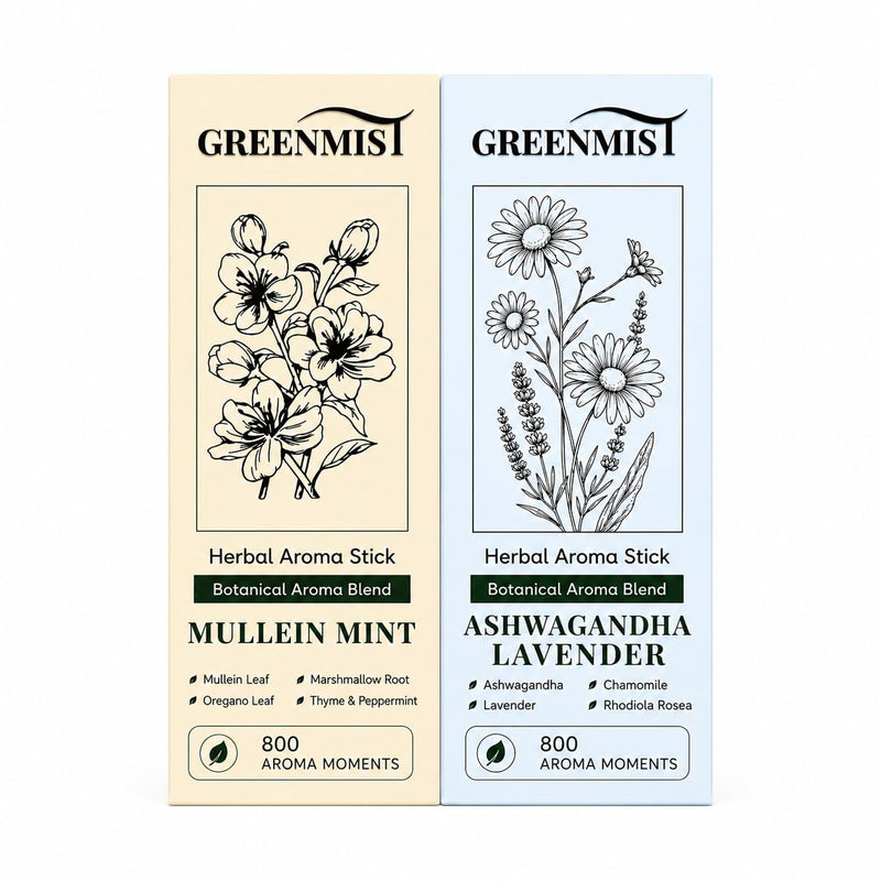 GreenMist Herbal Aroma Stick Combo Pack, Mullein Mint & Ashwagandha Lavender, Plant-Based Botanical Scent Accessory, Portable Silicone Stick, Yellow & Blue, 800 Aroma Moments Each, 2 Pack 2 Packs
