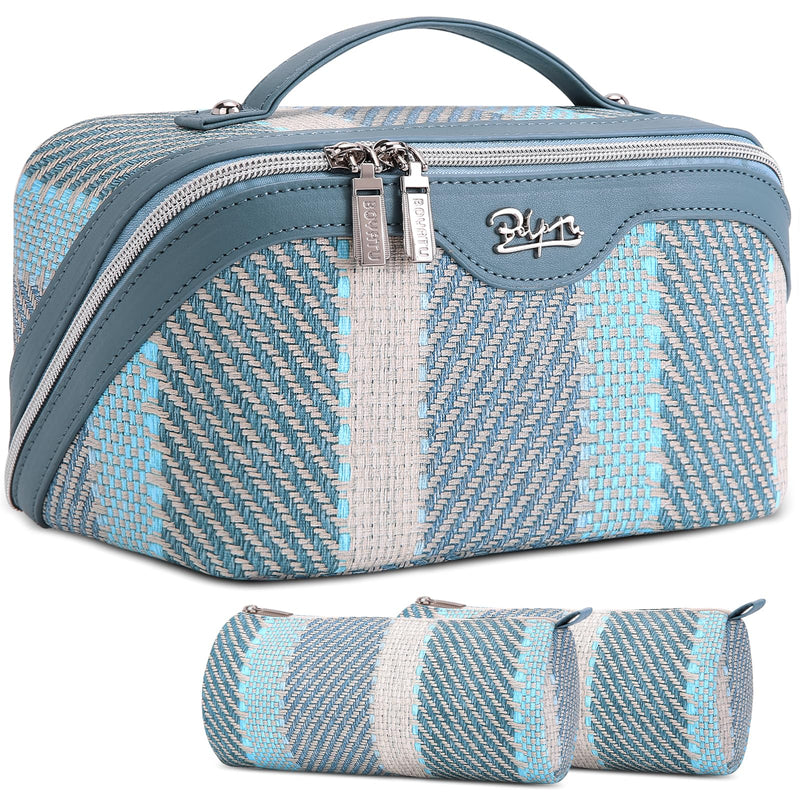 BOYATU Travel Makeup Bag Cosmetic Bag for Women: 3 Pcs Set Make up Bag with Compartments - Waterproof Vegan Leather Toiletry Bags with Handle - Makeup Organizer for Travel Essentials(C-1-Blue) C-1-Blue