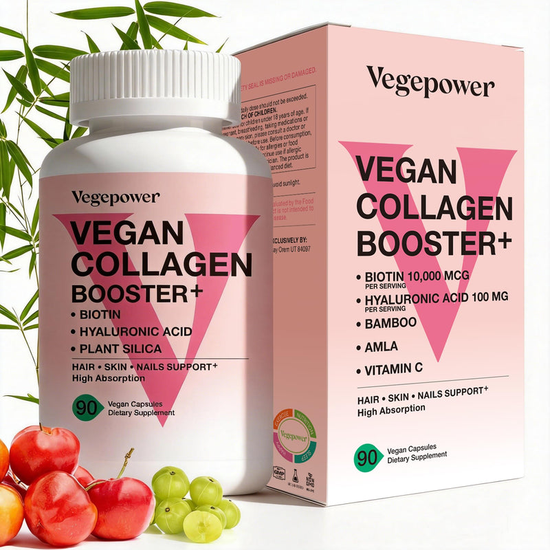 Vegan Collagen Booster with Biotin 10,000 mcg, Hyaluronic Acid, Bamboo Silica, Vitamin C & Zinc, Plant Based Hair Skin & Nails Support for Women & Men, 90 Vegan Capsules Fruit 90 Count (Pack of 1)
