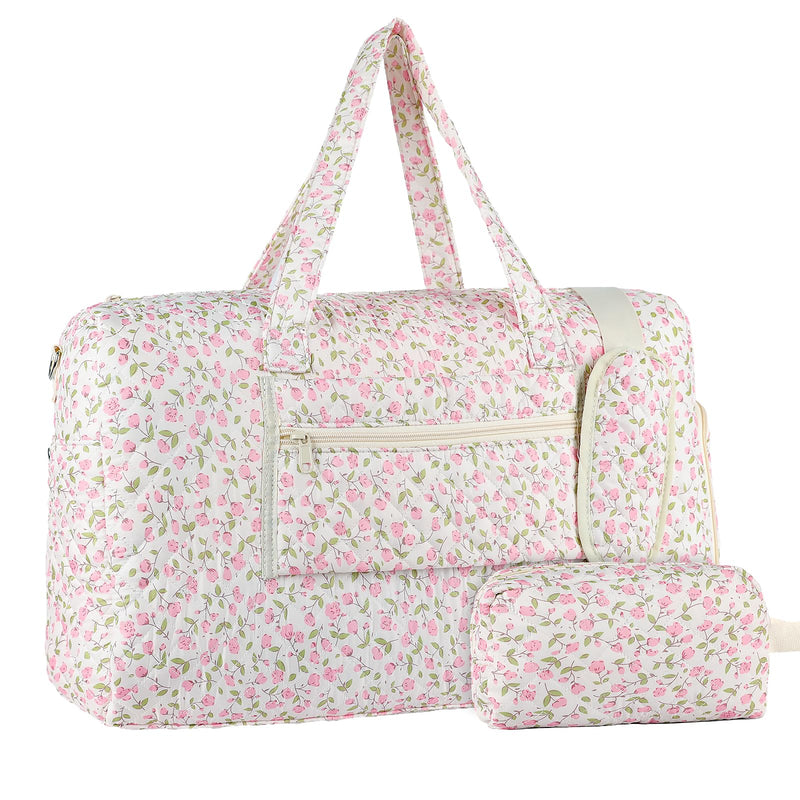 Floral Quilted Duffle Bag, Weekender Bag with Makeup Pouch Women | Floral Quilted Duffle Bag for Women, Spacious Weekender Travel Bag with Separate Shoe Compartment and Multi Pockets Pink flowers-1