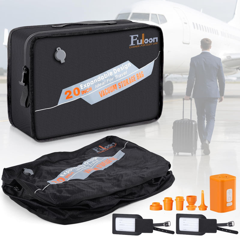 Fuloon Space Saver Vacuum Storage Bags, 20-Inch Travel Compression Bags for Air Travel, Business Trip, Carry-On Suitcases & Backpack, Black (2 Pack, With Pump) 2 Pack With Pump