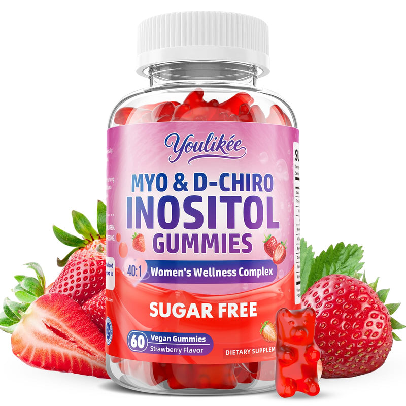 Myo-Inositol & D-Chiro Inositol Gummies for Women, Sugar-Free, 60 Count | Ideal 40:1 Ratio with Vitamin D3, Folate, Magnesium and Zinc - Support Female Health & Wellness, Strawberry Flavor 60 Count (Pack of 1)