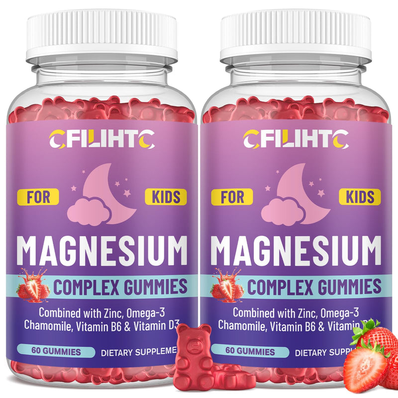 Kids Magnesium Gummies-Magnesium Glycinate Gummies for Kids Supplement-w/Zinc, Chamomile, Omega-3, Vitamin B6, D3 - for Sleep, Relaxation, Brain, Bones, Children's Calm, Sugar Free, 2 Pack Strawberry 60 Count (Pack of 2)
