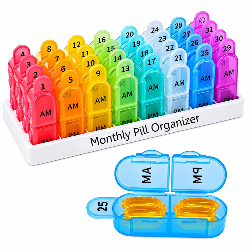 Monthly Pill Organizer Monthly 31 Day AM PM – Pill Sorter Monthly with Large Compartments, 2 Times Pill Container,Monthly Pill Holder for Vitamins, Supplements & Daily Medication