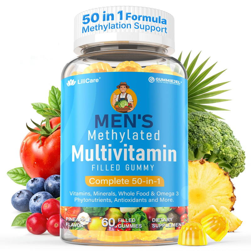 Methylated Multivitamin for Men Gummies + Omega-3, Supergreens & Lycopene | Methylfolate, B12, D3 K2, Vitamin A, C, E, B Complex for Methylation, Nutrition Gaps, Focus, Energy, Vegan, Sugar Free, 60 Ct 60 Count (Pack of 1)