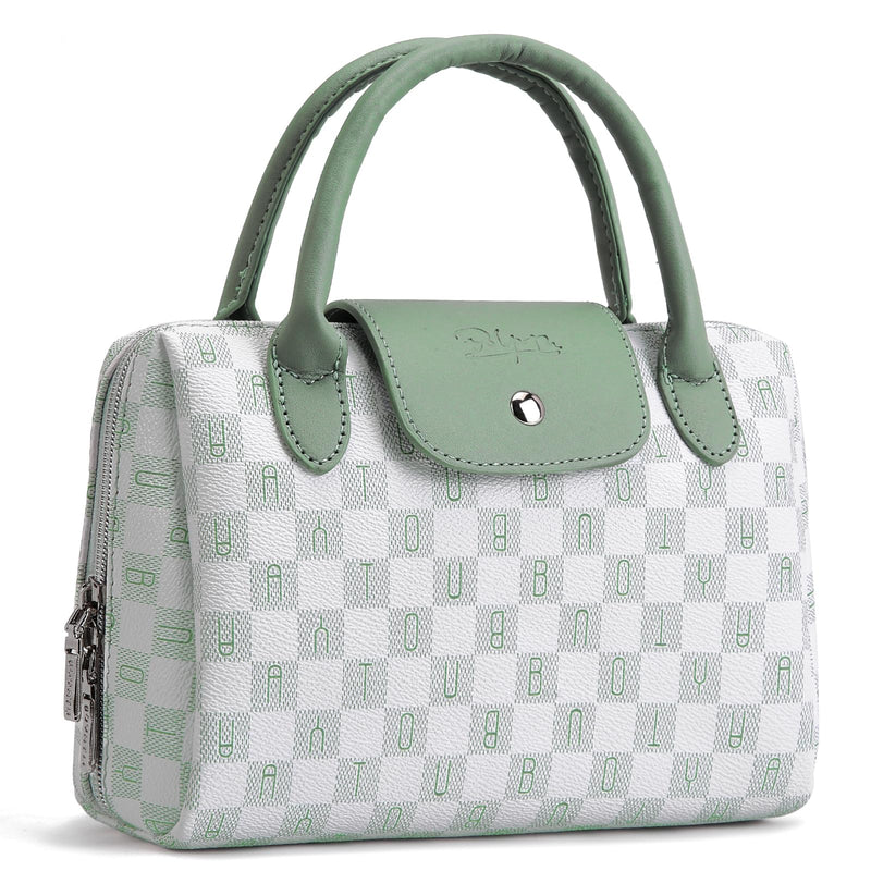 BOYATU Checkered Makeup Bag Organizer with Handle: Large Travel Cosmetic Bag Holds 10+ 100ml Full-Size Bottles for Date & Trip - Waterproof Leather Toiletry Pouch 3-sec Touch-up for Chic Woman(Green) A-3-Green