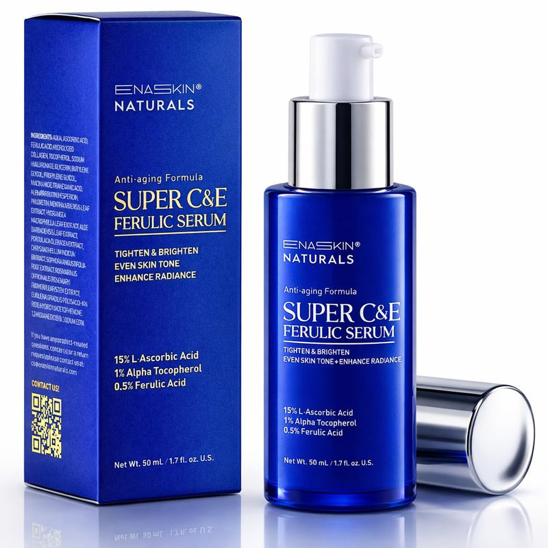 Vitamin C Face Serum for Anti Aging: Enaskin Naturals Super C Serum with Ferulic Acid for Women Mature Skin, Premium Formula Vit C Facial Serum for Brightening Dark Spots and Glowing up Skin - 1.7 Oz 1.7 Fl Oz (Pack of 1)