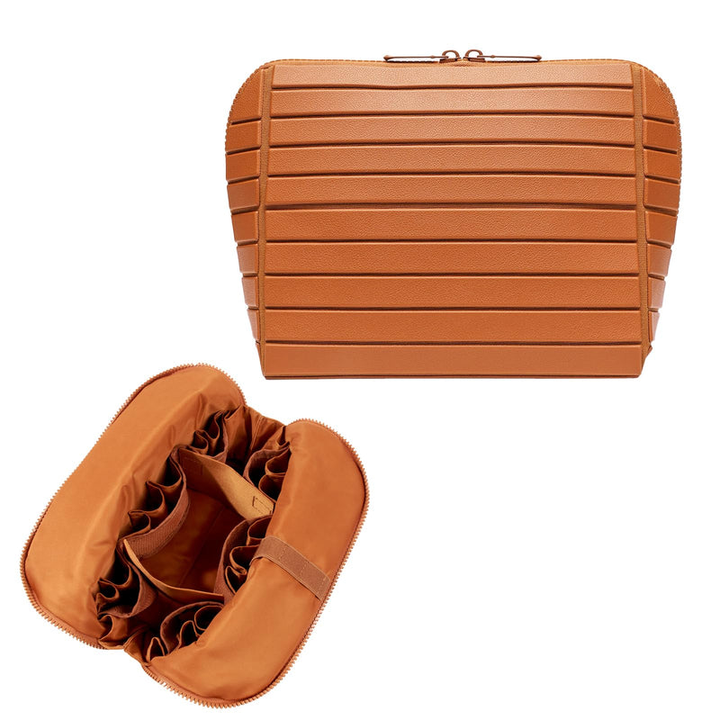 Travel Makeup Organizer Bag with Fold-Down Design and Adjustable Dividers, 27 Pockets & 3 Brush Storage Holders, Large Capacity Cosmetic Bags Toiletry Case - Brown Medium