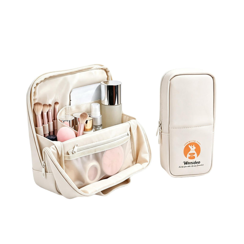 Standing Makeup Bag, Fold Down Trave Cosmetic Bag,Large Capacity Toiletry Bags for Women,Portable Free-Standing Makeup Bag and Brush Storage Bag for Easy Access (Creamy) Creamy