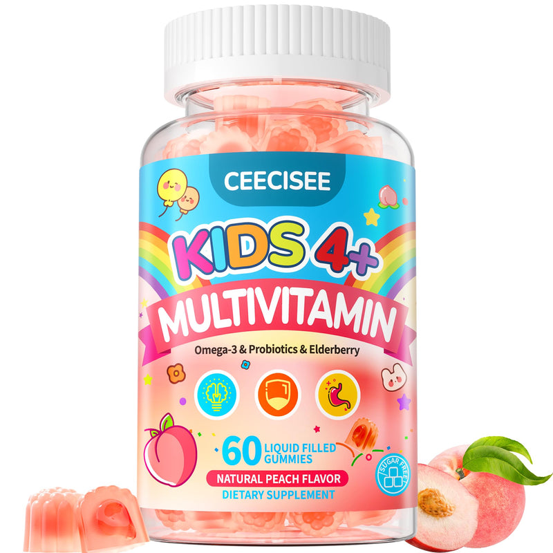 Kids Multivitamin with Probiotics Gummies: Methylated Multivitamin | Sugar-Free Chewable Gummies plus Iron Calcium D3 K2 Elderberry - Picky Eater Immune Growth Digest Health Support, 60Count Peach 60 Count (Pack of 1)