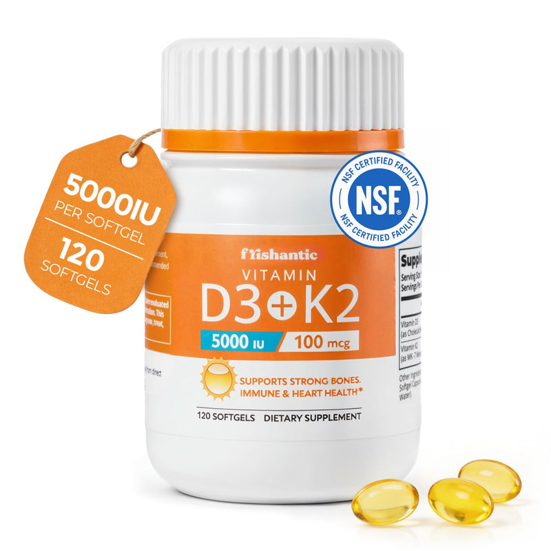 Vitamin D3 K2 5000IU, Bone & Immune Support, 120 Softgels | MK-7 100mcg for Calcium Directing, Easy-Swallow, Sunflower Seed Oil, 13-Allergen Free, Non-GMO, 4-Month Supply Vitamin D3 5000 IU