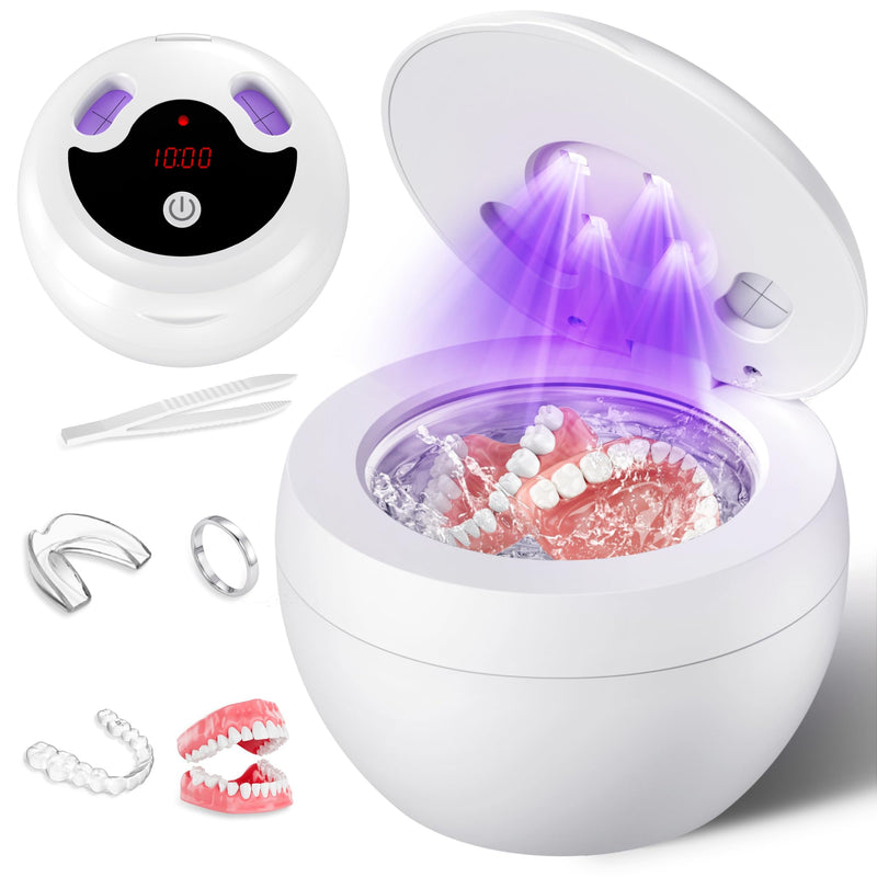 Upgraded Ultrasonic Retainer Cleaner Machine, 48kHz Ultrasonic Dentures Cleaner for Mouth Guards, Braces, Aligner, Toothbrush & Jewelry, 200ML Capacity, White Pearl White