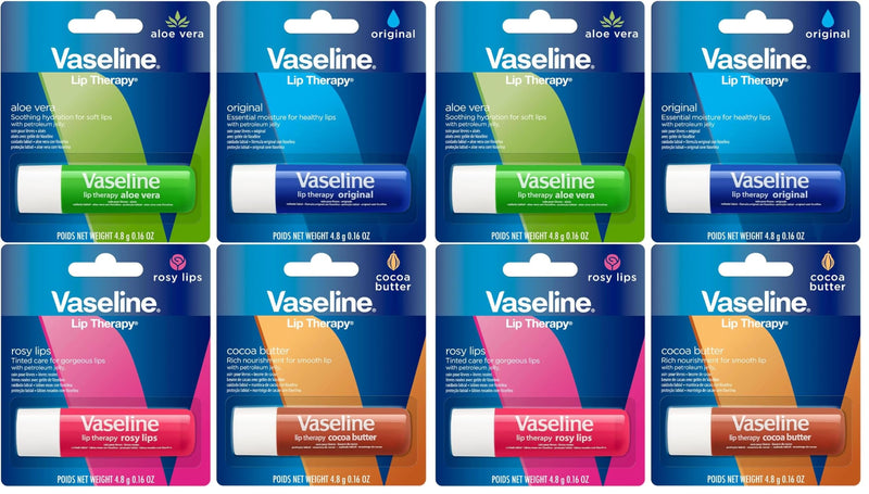 Vaseline Lip Therapy Variety 8-Pack, Moisturizing Lip Balm with Vitamin E, 0.16 Oz Ea 0.16 Ounce (Pack of 8)