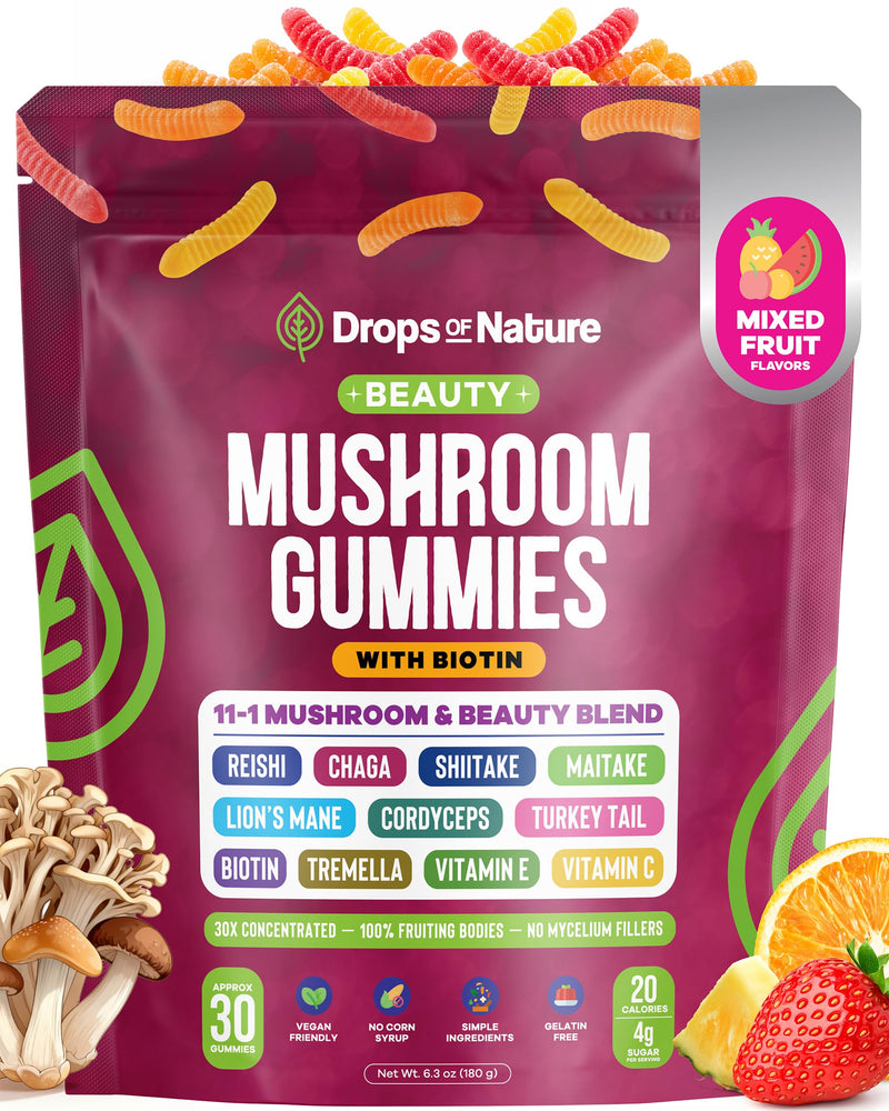 Drops Of Nature Beauty Mushroom Gummies with Biotin - Mixed Fruits, 30 ct | 11-in-1 Superfood Mushrooms with Biotin, Vitamin E & Vitamin C, Hair Skin & Nail Health Support, Vegan, Gelatin-Free