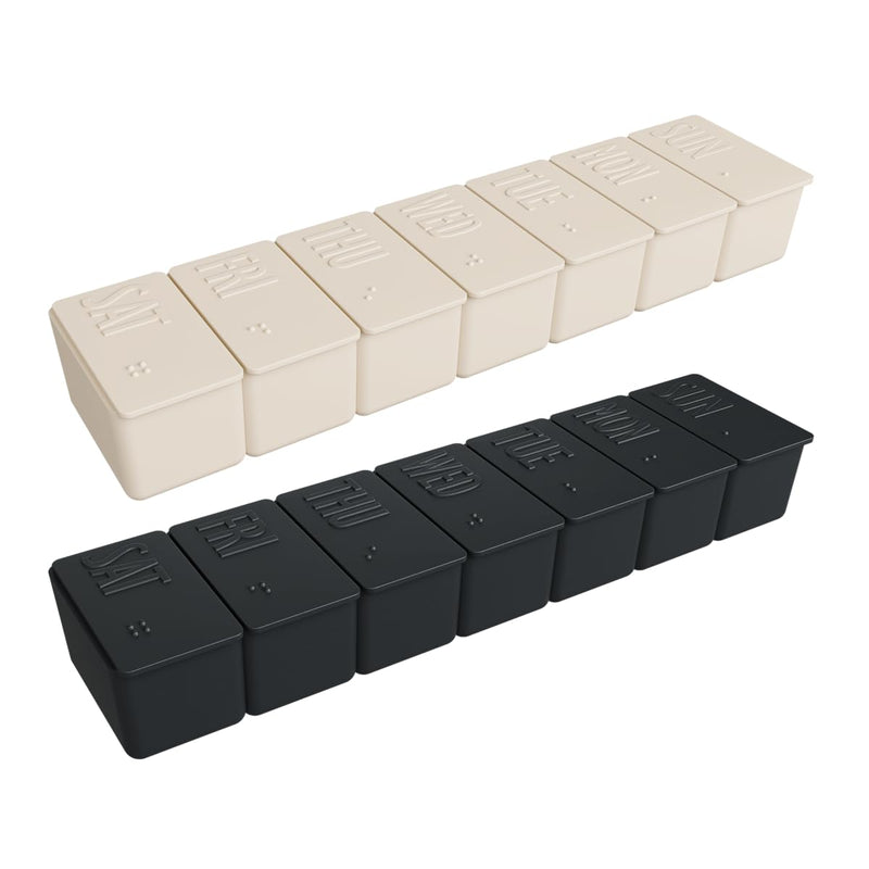 Ezy Dose Weekly (7-Day) Pill Organizer, Medicine Planner, Black & Cream | Daily Vitamin & Supplement Medicine Case, Pop Up Compartments, Embossed Matte Design, Travel-Friendly, BPA-Free, 2-Pack Cream & Black