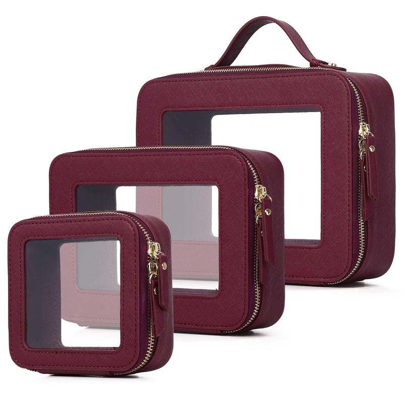 Clear Makeup Bag Set (Burgundy, L+M+MINI) | 3 Piece, Travel Case for Cosmetics and Toiletries, Women's Makeup Organizer, Car Essential, With Zipper B3/Burgundy