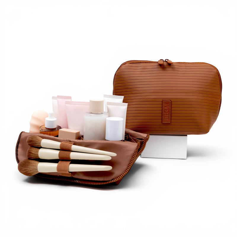 THE VERTI-Vertical Waterproof Makeup & Toiletry Bag | 23-Pocket Organizer with Upright, Fold-Down Design for Skincare, Toiletries & Essentials (Mahogany, Medium) Mahogany
