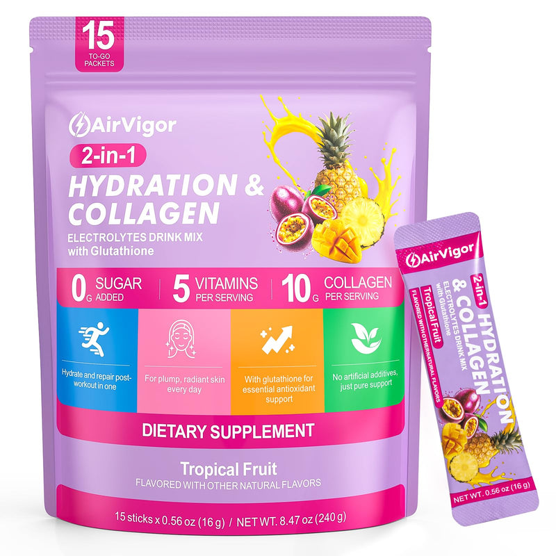 Collagen Electrolyte Powder, 10g Collagen, Tropical Fruit, 15 Ct | Zero sugar drink mix packets for post-workout hydration and recovery, with 5 vitamins, glutathione, joint and skin support