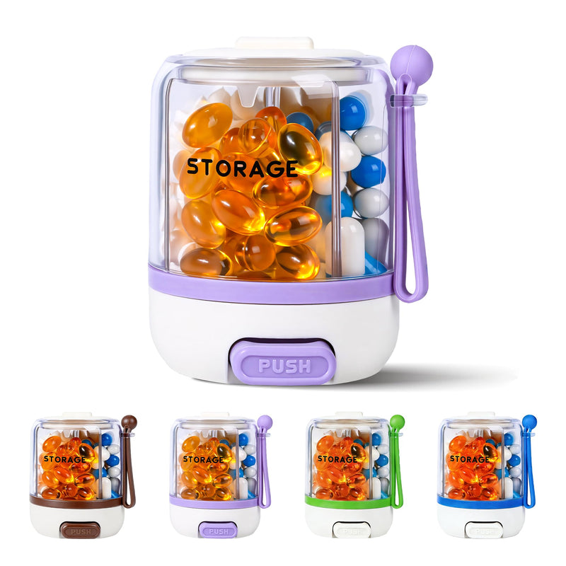 4 Compartments Pill Bottle Organizer, Anti-Mix Travel Pill Dispenser with Safety Lock, Pill Case with 16pcs Labels, Cute Pill Organizer for Seniors, Caregivers & Daily Vitamin Management(Purple) Purple