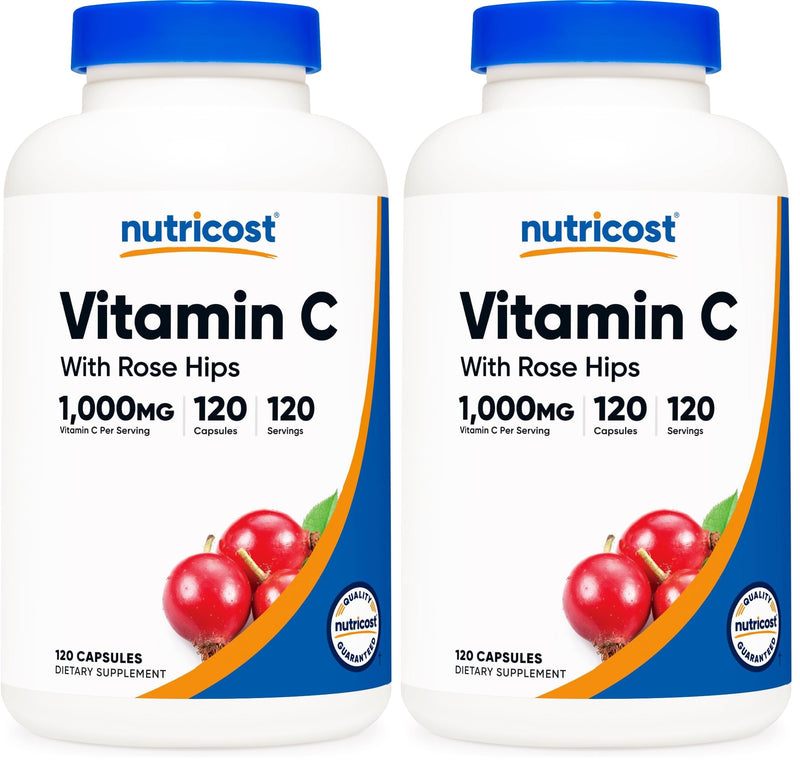 Nutricost Vitamin C with Rose Hips 1025mg, 120 Capsules - Vitamin C 1000mg, Rose Hips 25mg, Premium, Non-GMO, Gluten Free Supplement (Pack of 2) 120 Count (Pack of 2)