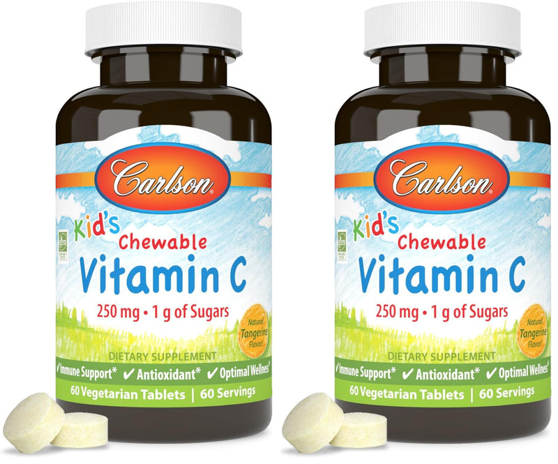 Carlson - Kid's Chewable Vitamin C, 250 mg, 1 g of Sugars, Immune Support & Optimal Wellness, Antioxidant, Tangerine, 60 Vegetarian Tablets (Pack of 2) 60 Count (Pack of 2)