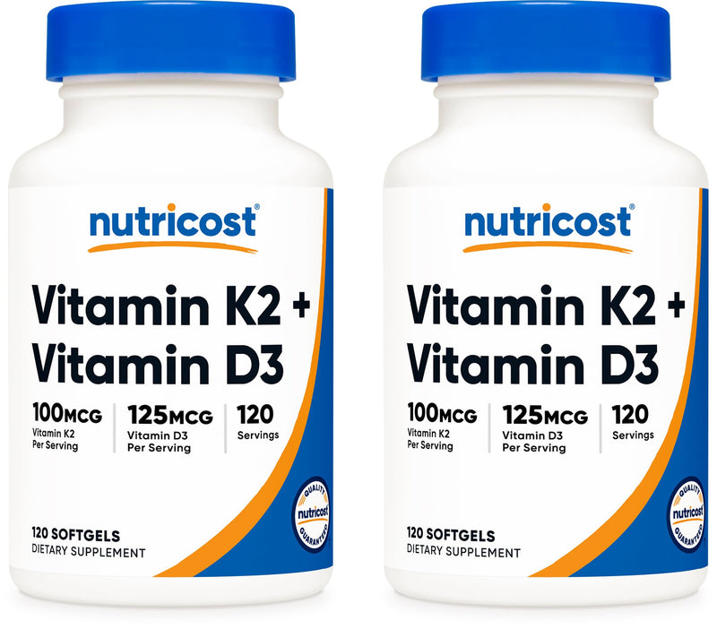 Nutricost Vitamin K2 (MK7) (100mcg) + Vitamin D3 (5000 IU) 120 Softgels - Gluten Free and Non-GMO (Pack of 2) 120 Count (Pack of 2)