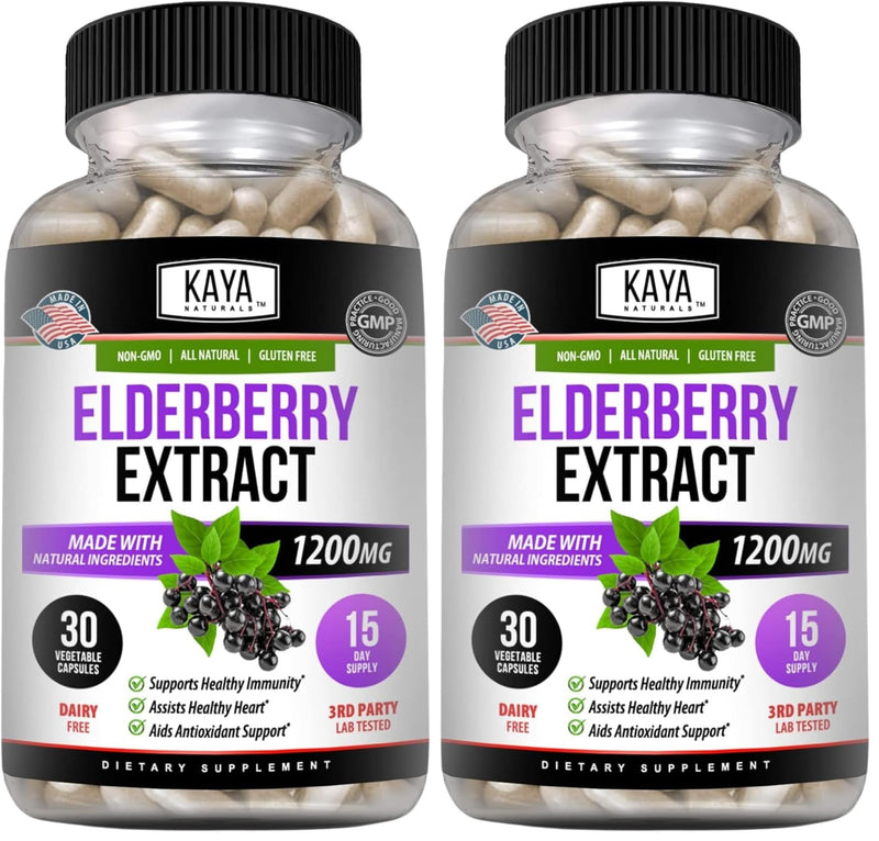 Kaya Naturals Elderberry Immune Support - Elderberry Extract, Rich Antioxidant Premium Vitamins, 1200mg Immune System Booster Sambucus Capsules - 30 Count (Pack of 2) 30 Count (Pack of 2)