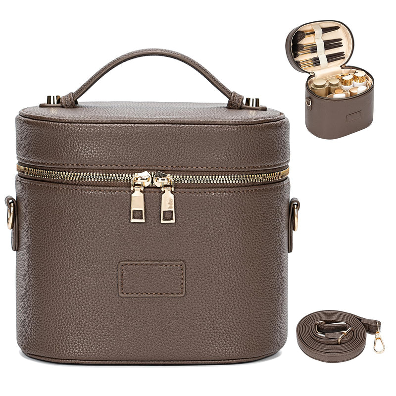 BAGOK Leather Vanity Case Makeup Bag with Removable Divider, Washable Compartments, Dual Zipper & Carry Handle – Travel Toiletry Organizer for Women Coffee