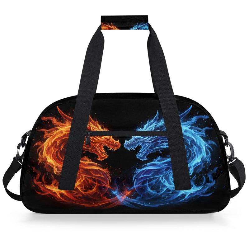 Gym Travel Duffle Bag for Boys - Ice Fire Dragon Kids Overnighter Weekend Bag with Front Zipper Pocket for School Practice, Teens Carry-On Size Sleepover Bags