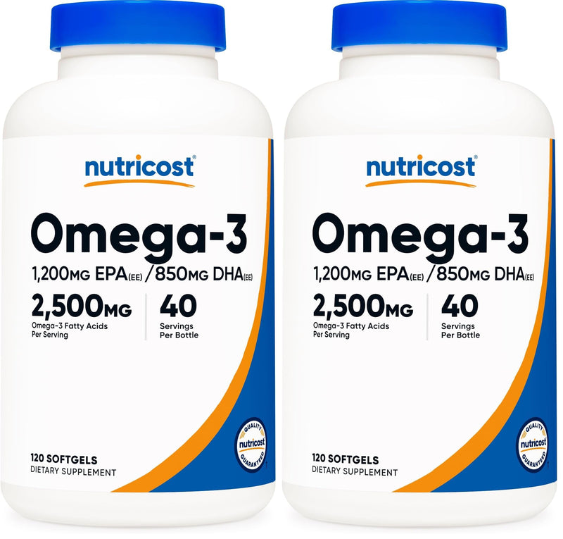 Nutricost Omega 3 Fish Oil - 2500MG, 120 Softgels (40 Serv) - Fish Oil, Wild Caught! 1200mg EPA 850mg DHA - Non-GMO, Gluten Free (Pack of 2) 120 Count (Pack of 2)